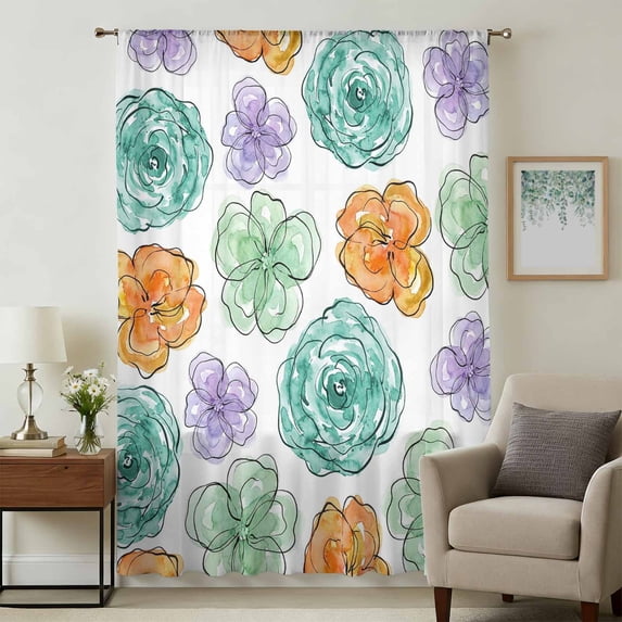 Abstract Art Floral Sheer Curtains 108 Inches Extra Long, Simple Line ...