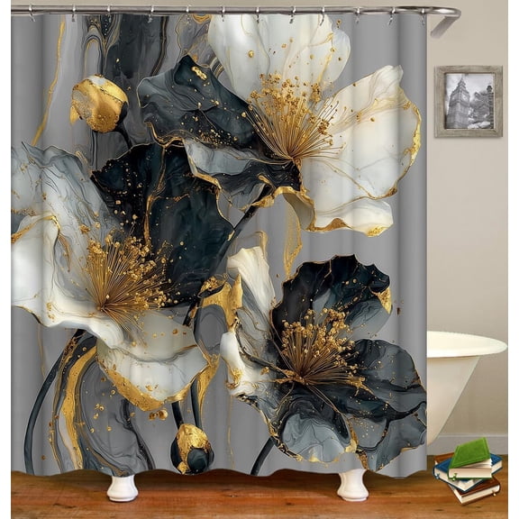 Abstract Art Flowers Shower Curtain Set, Painting of Gold Silver White Black Flowers on Dark Grey Background Nature Scene Fabric for Bathroom Sets with Hooks-36"W x 72"L (Pack of 1)