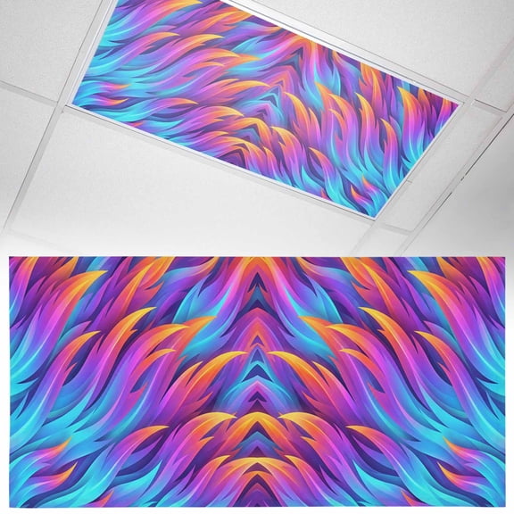 Abstract Art Fluorescent Light Covers Blue Purple Yellow Gradient Flame Texture Modern Magnetic Light Filters Ceiling Lighting Panel Shade for Classroom Office Home 2 x 4 ft, 1 Pack