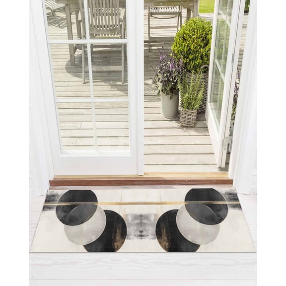Abstract Art Front Door Mat Black Gold Circle Moon Stripe Mottled Geometric Welcome Doormat Indoor Outdoor Entrance Floor Mat Non-Slip Washable Runner Rug for Front Porch Decor 24x71 Inch