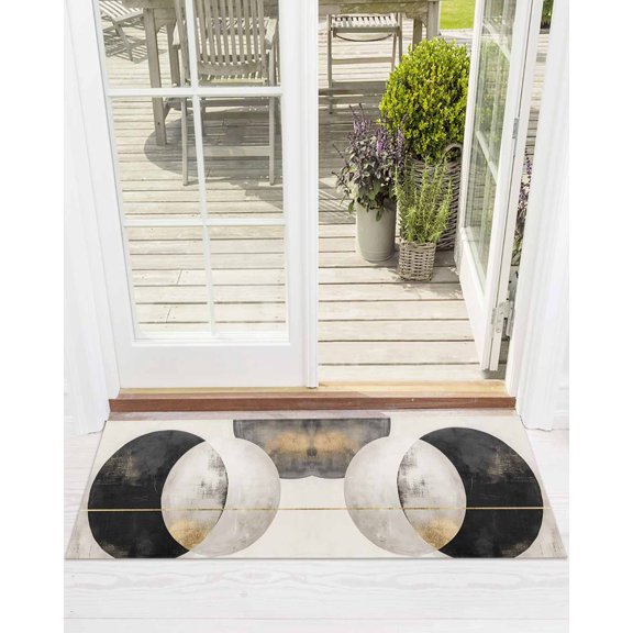 Abstract Art Front Door Mat Black White Circle Gold Striped Mottled Geometric Welcome Doormat Indoor Outdoor Entrance Floor Mat Non-Slip Washable Runner Rug for Front Porch Decor 18x60 Inch