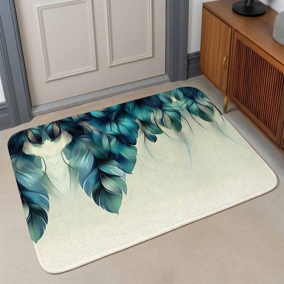 Abstract Art Front Door Mat Indoor Entrance, Soft Edge Green Feather Decoration Absorbent Dirt Resist Welcome Mats Non-Slip Low-Profile Doormat Washable Entry Rug Indoor Outdoor 17x30 Inch