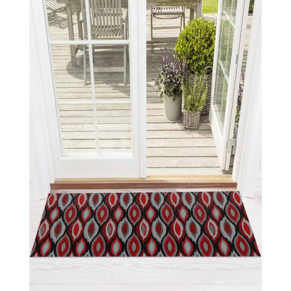 Abstract Art Front Door Mat Modern Diamond Patterns Red Black Grey Geometric Welcome Doormat Indoor Outdoor Entrance Floor Mat Non-Slip Washable Runner Rug for Front Porch Decor 16x47 Inch
