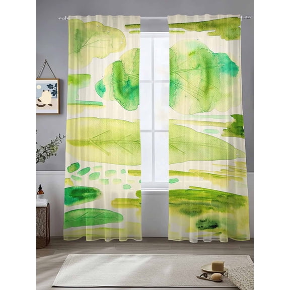 Abstract Art Green Plant Ink Painting Sheer Curtains 108 Inches Long 2 Panels Light Filtering Semi Sheer Window Curtains Drapes for Bedroom Living Room 52"x108" 2 Panels