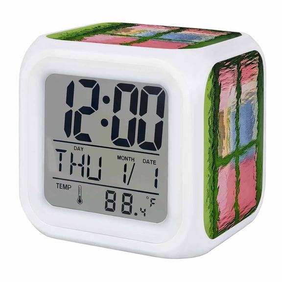 Abstract Art Green Window Digital Alarm Clock for Bedrooms, Smart LED Alarm Clock with 7 Color Changing Night Light, Modern Vague Garden Silent Wake Up Clocks for Sleep Study Cooking 3.2"x3.2"