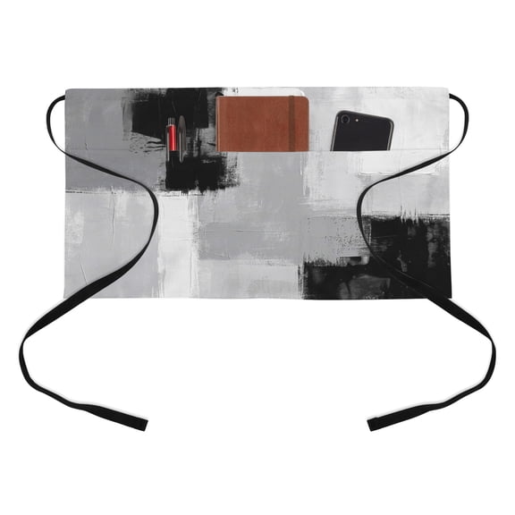 Abstract Art Half Waist Apron Black Grey Graffiti Painting Mottled Texture Short Waiter Aprons with 3 Pockets for Women Men Kitchen Restaurant Cooking