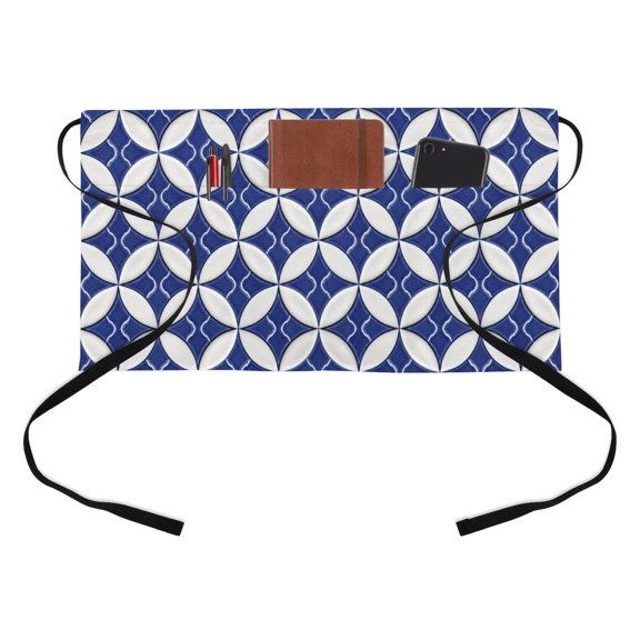 Abstract Art Half Waist Apron Geometric Medieval Circular Modules Navy Blue Short Waiter Aprons with 3 Pockets for Women Men Kitchen Restaurant Cooking