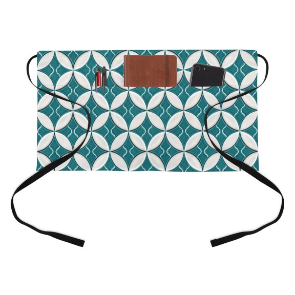 Abstract Art Half Waist Apron Geometric Medieval Circular Modules Teal Green Short Waiter Aprons with 3 Pockets for Women Men Kitchen Restaurant Cooking