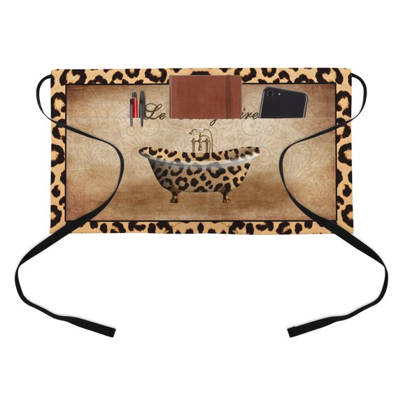 Abstract Art Half Waist Apron Leopard Bathtub Le Baignoire Brown Modern Short Waiter Aprons with 3 Pockets for Women Men Kitchen Restaurant Cooking
