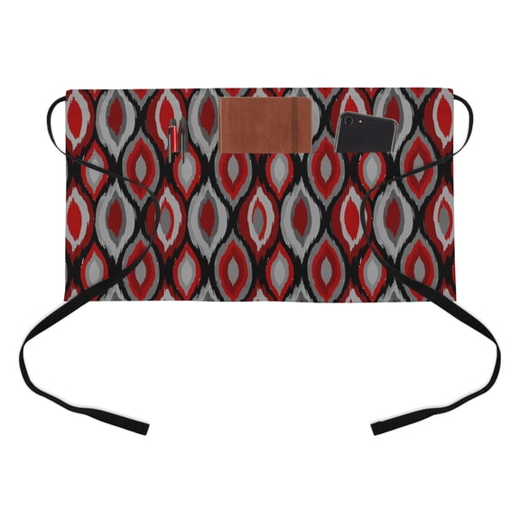 Abstract Art Half Waist Apron Modern Diamond Patterns Red Black Grey Geometric Short Waiter Aprons with 3 Pockets for Women Men Kitchen Restaurant Cooking