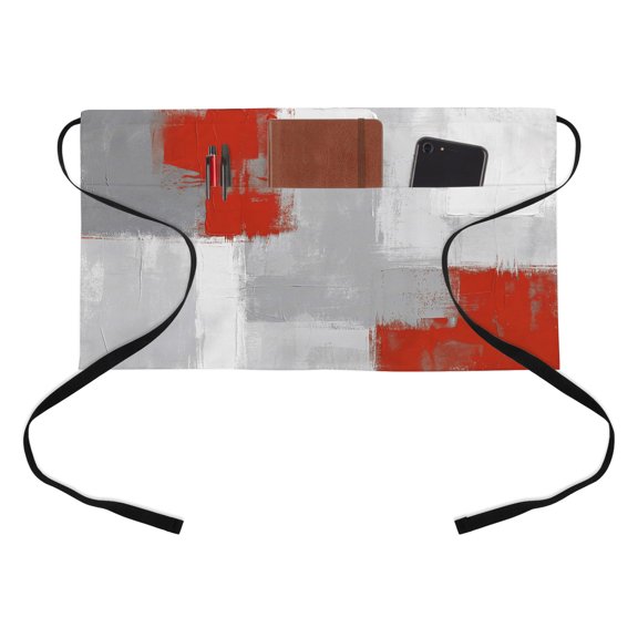 Abstract Art Half Waist Apron Retro Red Grey Graffiti Painting Mottled Texture Short Waiter Aprons with 3 Pockets for Women Men Kitchen Restaurant Cooking