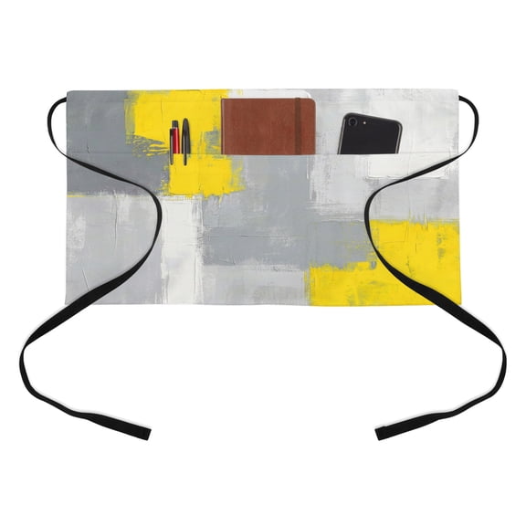 Abstract Art Half Waist Apron Yellow Grey Graffiti Painting Mottled Texture Short Waiter Aprons with 3 Pockets for Women Men Kitchen Restaurant Cooking