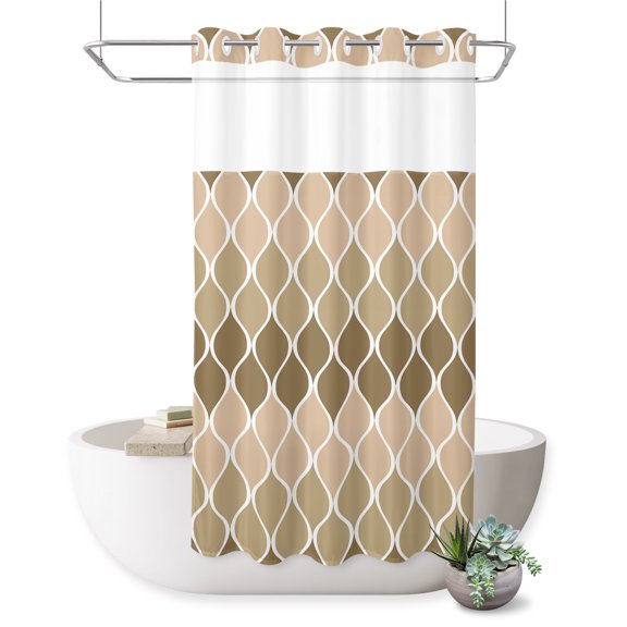 Abstract Art No Hook Shower Curtain Brown Khaki Ombre Geometric Wavy Lines Shower Curtain with See Through Top Window, Waterproof Washable Fabric Curtain for Bathroom Hotel Decor, 36Wx72L