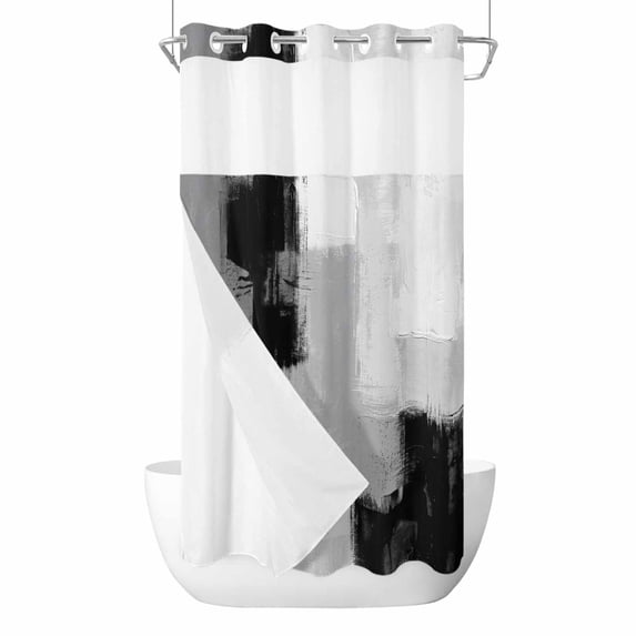 Abstract Art No Hook Shower Curtain and Snap in Liner Set, Black Grey ...