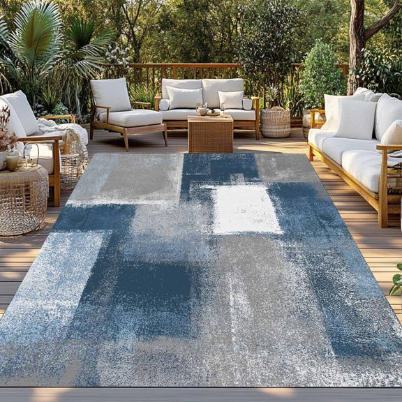 Abstract Art Indoor Outdoor Rugs 3x5 Ft, Navy Grey Smear Texture Graffiti Geometric Outdoor Patio Rugs Mat Washable Outside Area Rugs Carpet for Porch Deck RV Camping Pool Balcony Backyard