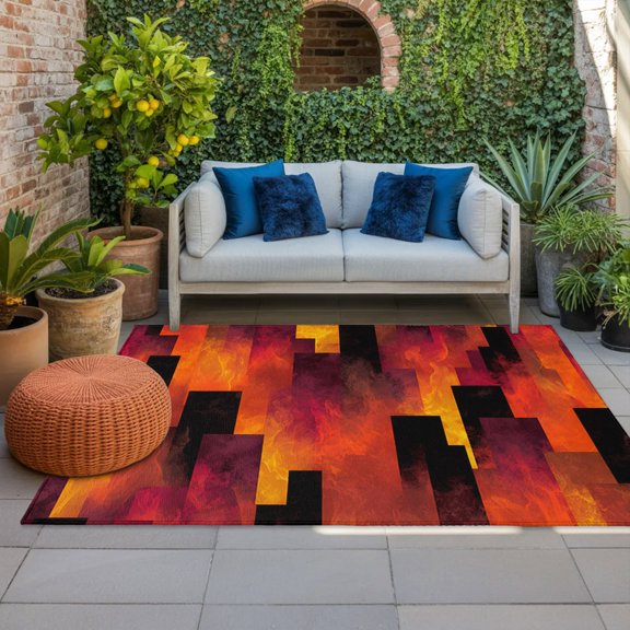 Abstract Art Indoor Outdoor Rugs 3x5 Ft, Red Black Gradient Flames Vertical Blocks Modern Outdoor Patio Rugs Mat Washable Outside Area Rugs Carpet for Porch Deck RV Camping Pool Balcony Backyard