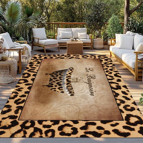 Abstract Art Indoor Outdoor Rugs 4x6 Ft, Leopard Bathtub Le Baignoire Brown Modern Outdoor Patio Rugs Mat Washable Outside Area Rugs Carpet for Porch Deck RV Camping Pool Balcony Backyard