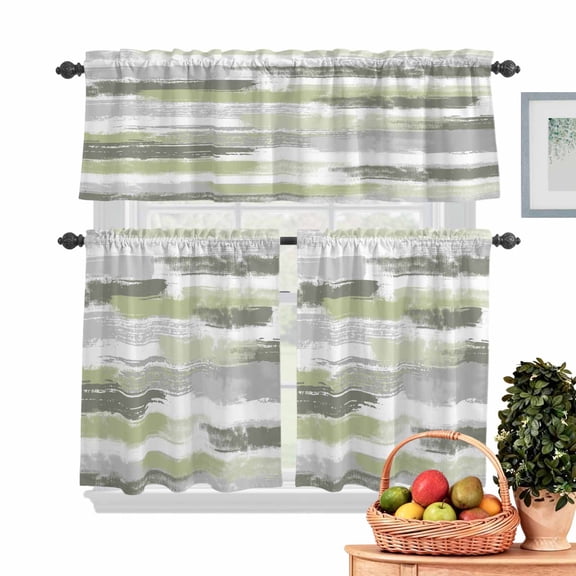 Abstract Art Kitchen Curtains Valances 3 Piece Set, Green Gray Mottled Color Block Oil Painting Rod Pocket Tier Curtain and Valance Drapes for Small Window 24 Inch Length for Bedroom Cafe