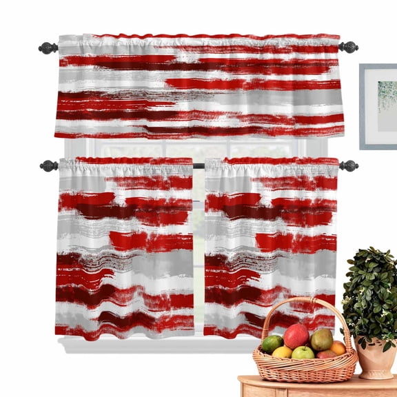 Abstract Art Kitchen Curtains Valances 3 Piece Set, Red Gray Mottled Color Block Oil Painting Rod Pocket Tier Curtain and Valance Drapes for Small Window 24 Inch Length for Bedroom Cafe