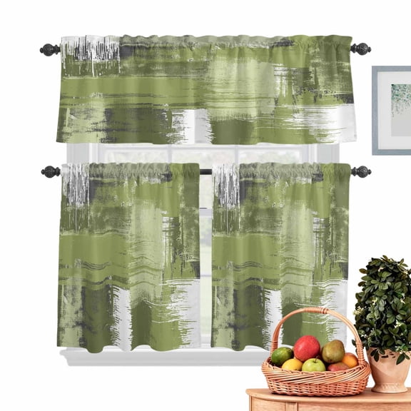 Abstract Art Kitchen Curtains Valances 3 Piece Set, Sage Green Mottled Color Block Oil Painting Rod Pocket Tier Curtain and Valance Drapes for Small Window 36 Inch Length for Bedroom Cafe