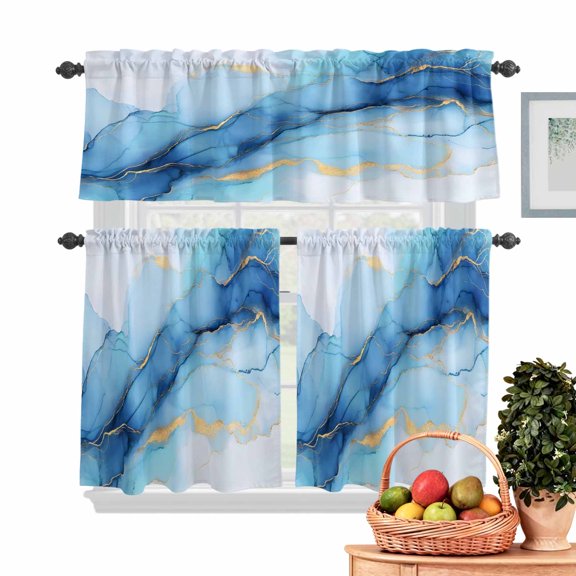 Abstract Art Kitchen Curtains Valances 3 Piece Set, Teal Gold Gradient Marble Texture Rod Pocket Tier Curtain and Valance Drapes for Small Window 24 Inch Length for Bedroom Cafe