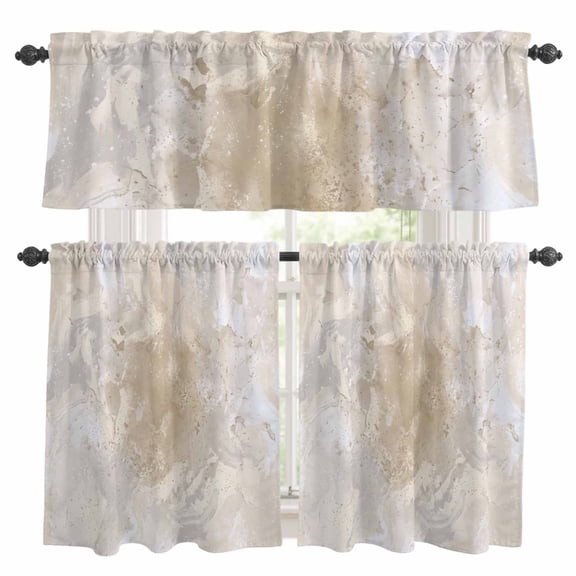 Abstract Art Kitchen Curtains and Valances Set, Beige Grey Gradient Oil Painting Texture Modern Rod Pocket Window Valance Window Curtain Panels for Living Room Bedroom Laundry, 27.5x24in, 3 Pieces