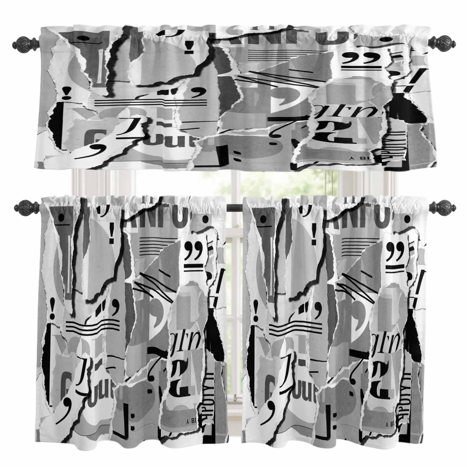 Paper Window Valance Abstract Art Kitchen Curtains and Valances Set, Black and White Collage ...