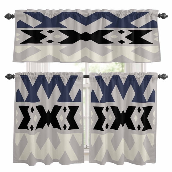Abstract Art Kitchen Curtains and Valances Set, Blue Black Beige Line ...