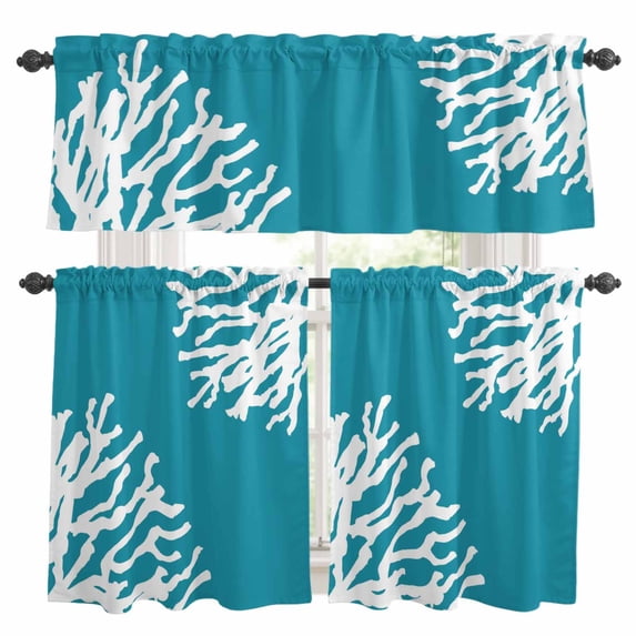 Abstract Art Kitchen Curtains and Valances Set, Coral Blue Background ...