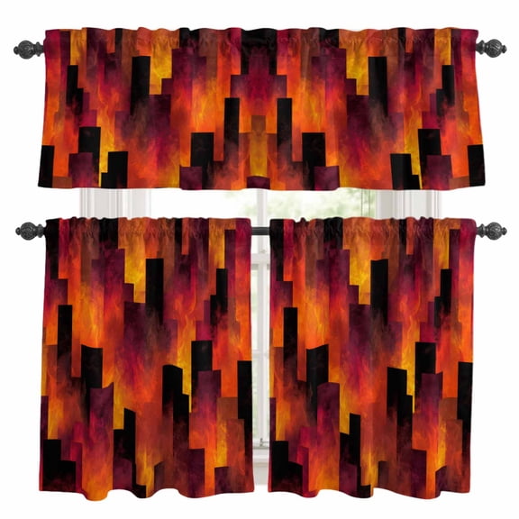 Abstract Art Kitchen Curtains and Valances Set, Red Black Gradient Flames Vertical Blocks Modern Rod Pocket Window Valance Window Curtain Panels for Living Room Bedroom Laundry, 27.5x24in, 3 Pieces
