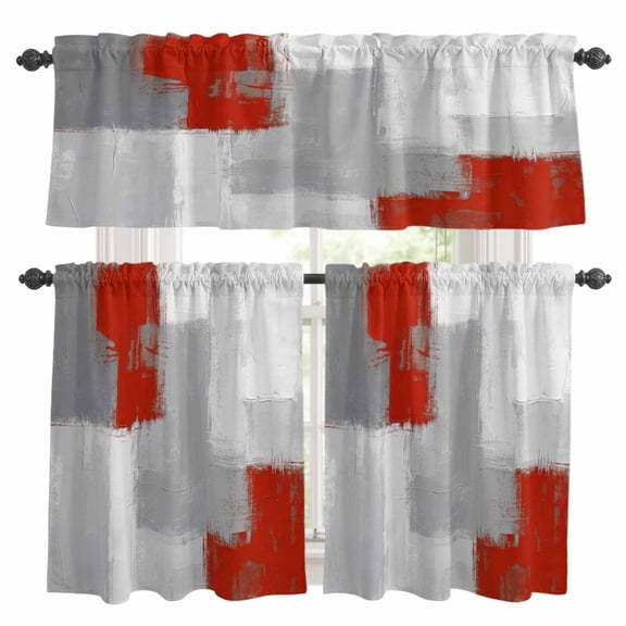 Abstract Art Kitchen Curtains and Valances Set, Retro Red Grey Graffiti Painting Mottled Texture Rod Pocket Window Valance Window Curtain Panels for Living Room Bedroom Laundry, 27.5x24in, 3 Pieces