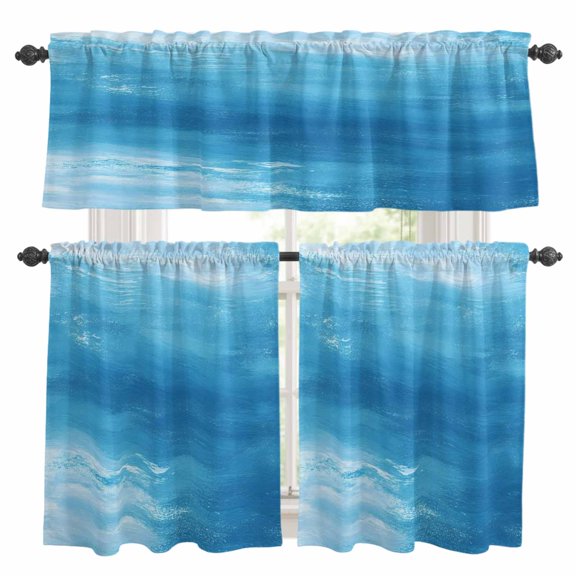 Abstract Art Kitchen Curtains Valances and Tiers Set of 3 Modern Ocean Waves Blue Gradient Painting Style Tier Curtains and Valance with Rod Pocket for Small Windows, 27.5"x24"