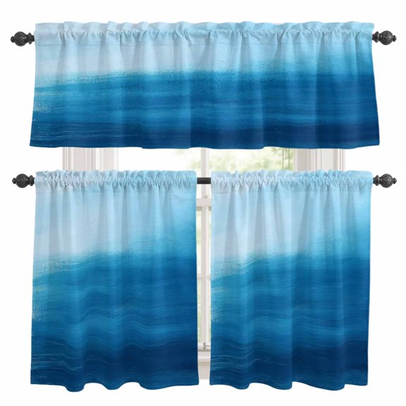 Abstract Art Kitchen Curtains Valances and Tiers Set of 3 Ocean Waves Sky Blue Gradient Sea Painting Style Tier Curtains and Valance with Rod Pocket for Small Windows, 27.5"x24"