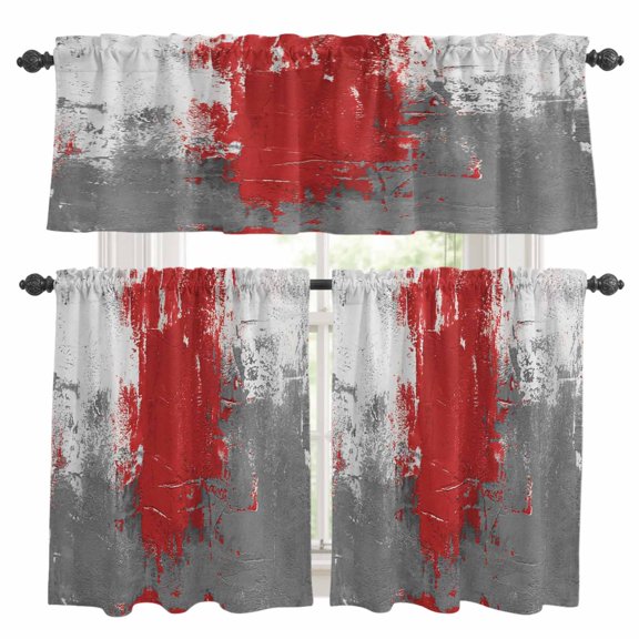 Abstract Art Kitchen Curtains Valances and Tiers Set of 3 Red Grey Wall Mottled Texture Minimalist Modern Tier Curtains and Valance with Rod Pocket for Small Windows, 27.5"x24"