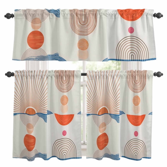 Abstract Art Kitchen Curtains Valances and Tiers Set of 3 Sunset Orange Blue Line Circle Geometric Modern Tier Curtains and Valance with Rod Pocket for Small Windows, 27.5"x36"