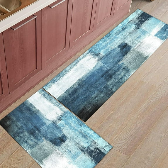 Abstract Art Kitchen Mats 2 Piece, Geometric Teal Blue and Gray Abstract Kitchen Rugs Set Painting Art Graffiti Inside Floor Mat for Kitchen/Office/Entryway, 17"X30"+17"X47"