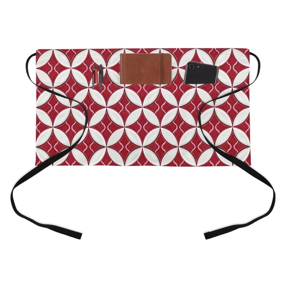 Abstract Art Kitchen Restaurant Half Waist Apron, Geometric Medieval Circular Modules Red Plaid Server Short Apron with 3 Pockets Waterproof Oil Waist Aprons for Women Waitress Waiter