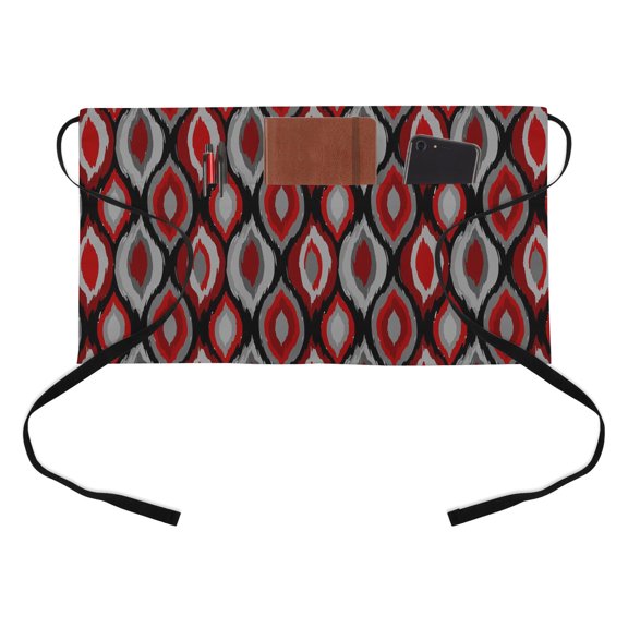 Abstract Art Kitchen Restaurant Half Waist Apron, Modern Diamond Patterns Red Black Grey Geometric Server Short Apron with 3 Pockets Waterproof Oil Waist Aprons for Women Waitress Waiter