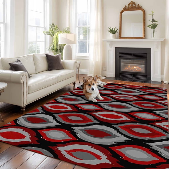 Abstract Art Large Area Rugs 5x8 ft Modern Diamond Patterns Red Black Grey Geometric Washable Rug Non Slip Indoor Carpet Absorbent Floor Mat for Living Room Bedroom Dining Room