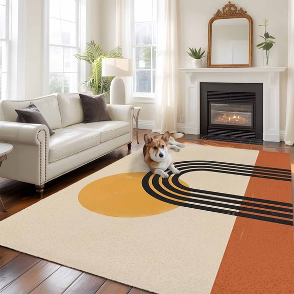 Abstract Art Large Area Rugs 6x9 ft Orange Black Circle Stripes Geometric Modern Washable Rug Non Slip Indoor Carpet Absorbent Floor Mat for Living Room Bedroom Dining Room