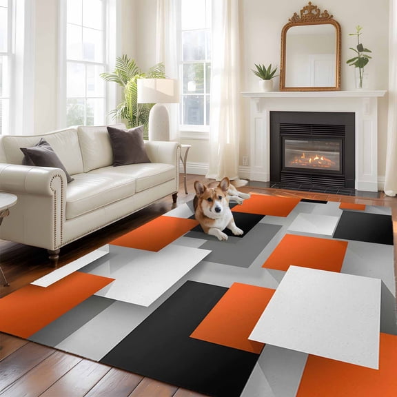 Abstract Art Large Area Rugs 6x9 ft Orange Black Gray Geometric Gradient Washable Rug Non Slip Indoor Carpet Absorbent Floor Mat for Living Room Bedroom Dining Room