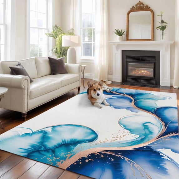Abstract Art Large Area Rugs 6x9 ft Watercolor Blue Water Wave Gradient Modern Washable Rug Non Slip Indoor Carpet Absorbent Floor Mat for Living Room Bedroom Dining Room