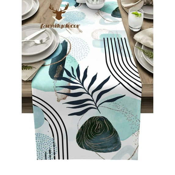 Abstract Art Leaf Boho Teal Leaves Table Runner Home Wedding Table Flag Mat Centerpieces Decoration Party Dining Long Tablecloth