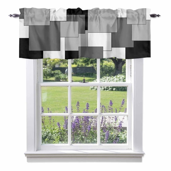 Abstract Art Light Filtering Valance Curtains, White Black Gray Splice Rod Pocket Short Window Valance for Kitchen and Bathroom Windows 1 Panel 42"x12"