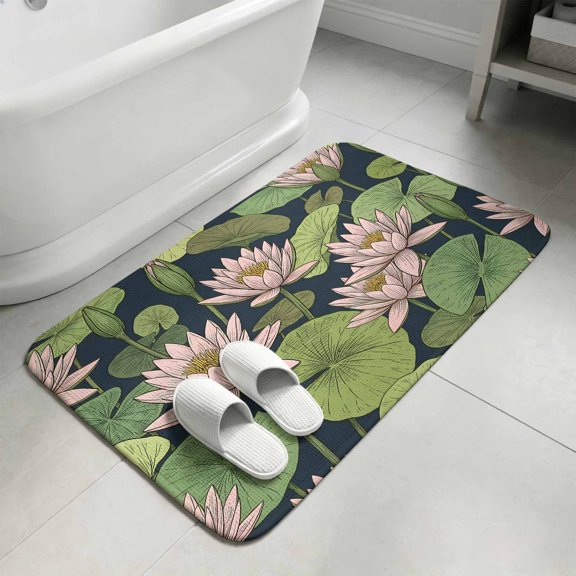 Abstract Art Lotus Bathroom Rugs Non Slip Washable Bath Mat Absorbent Low Pile Front Door Mat Green Pink Nature Floral Indoor Doormat for Kitchen Entryway Shower Decor Accessories 15.7"x23.6"