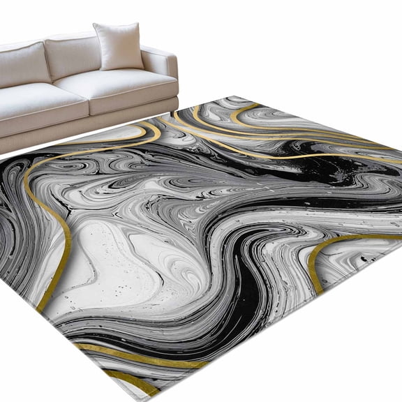 Abstract Art Marble Area Rug, Gold Gray White Texture Simple Non-Slip Felt Rubber Backing Rectangle Indoor Carpet Washable Rugs for Living Room Bedroom 3x5ft