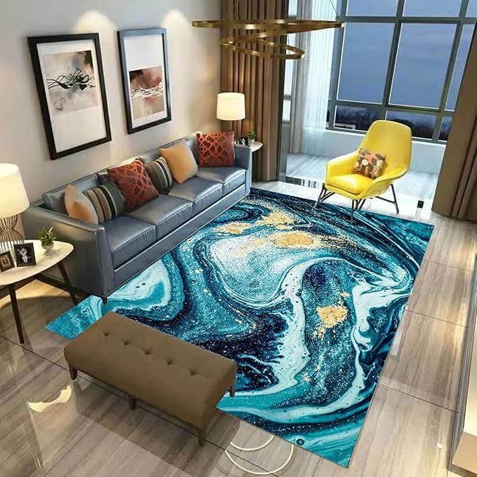 Abstract Art Marble Green And Blue Area Rugs For Living Room Non-Slip ...