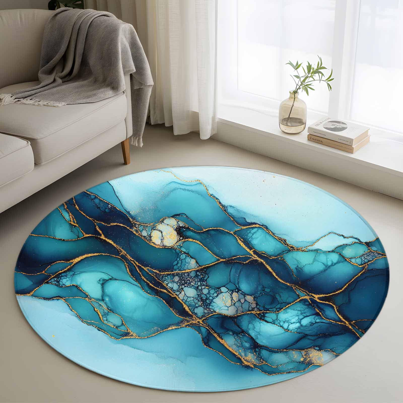 Abstract Art Marble Texture 3FT Round Area Rugs for Living Room Gold ...