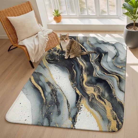 Abstract Art Marble Texture Area Rugs for Living Room 5x6, Gold Black ...