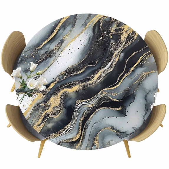 Abstract Art Marble Texture Round Fitted Table Cover Gold Black Grey Gradient Modern Art Waterproof Table Cloth with Elastic Edge Wipeable Tablecloth for Picnic Camping Party Fits 55"-60" Diameter